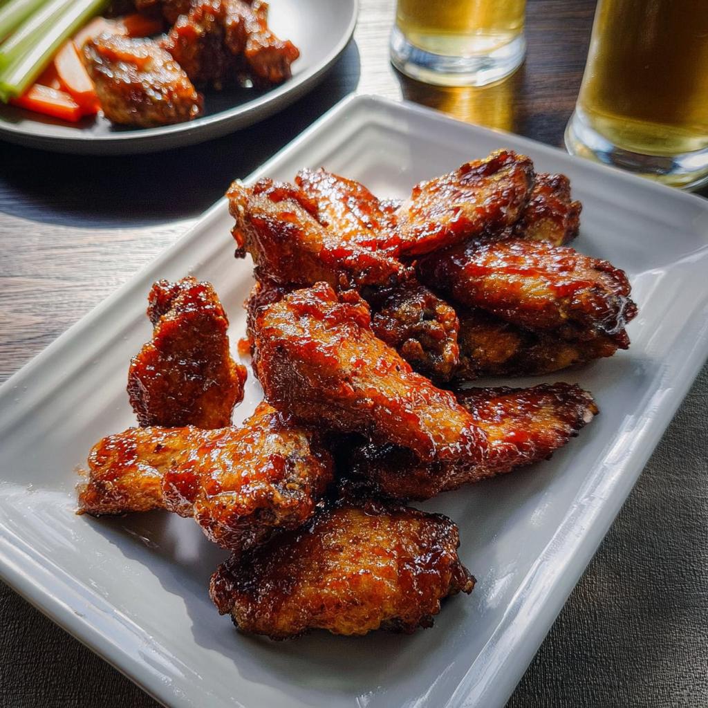 Close-up of sticky, glazed chicken wings served on a white rectangular platter, perfect for craving chicken wings recipes.