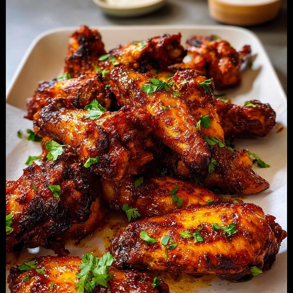 A platter piled high with sticky, glazed chicken wings recipes, garnished with fresh parsley.