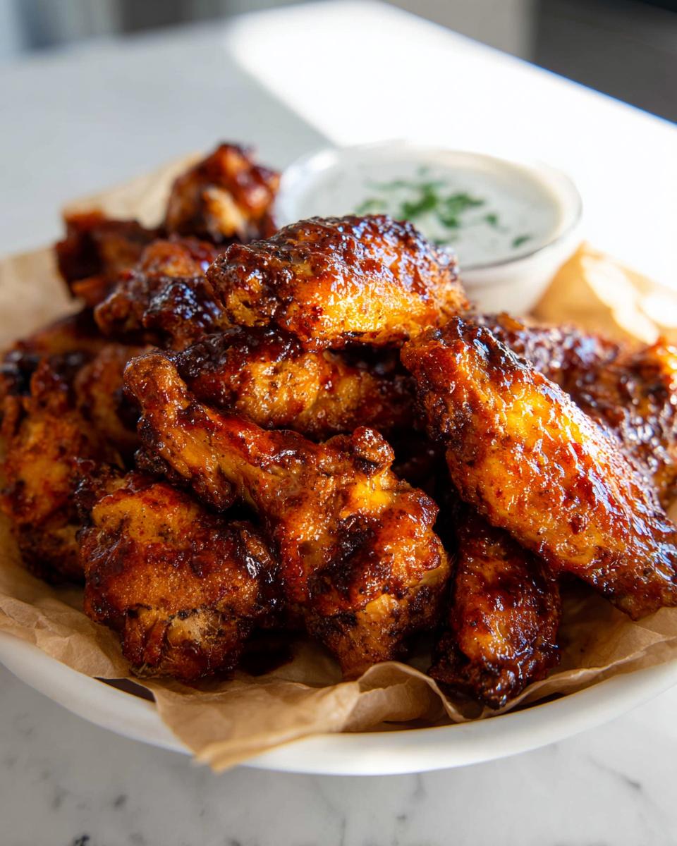 Close-up of glossy, glazed chicken wings piled on parchment paper with a side of ranch dip.