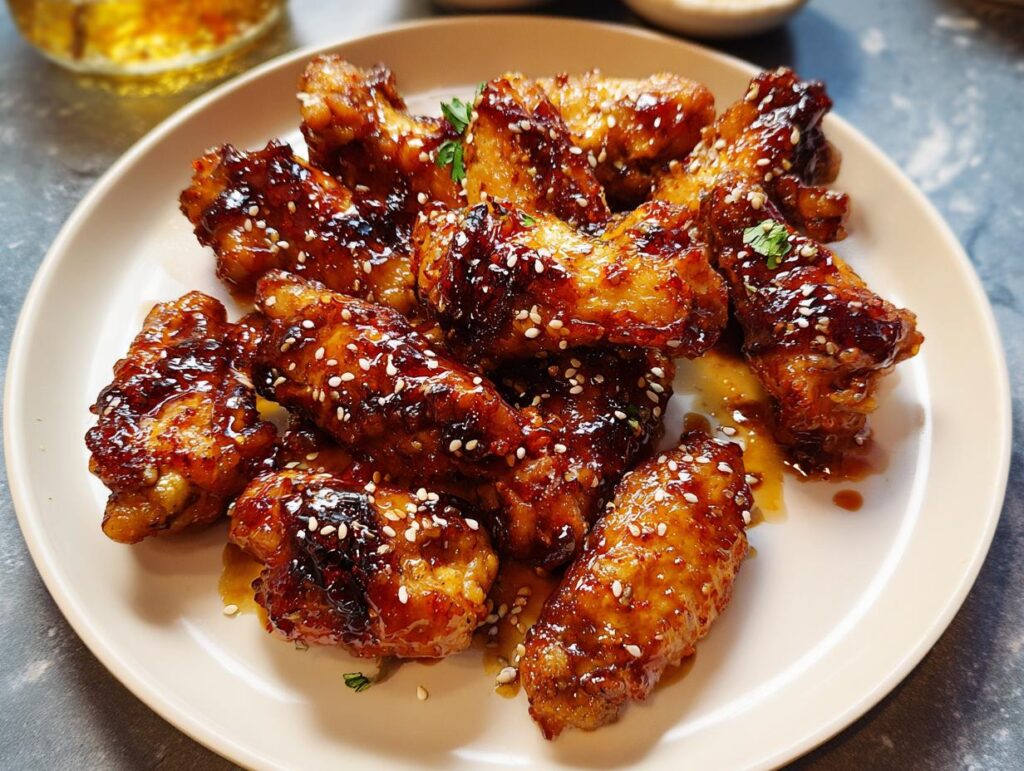 A plate of sticky, glazed chicken wings recipes meal prep sprinkled with sesame seeds.