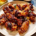 A plate of sticky, glazed chicken wings recipes meal prep sprinkled with sesame seeds.