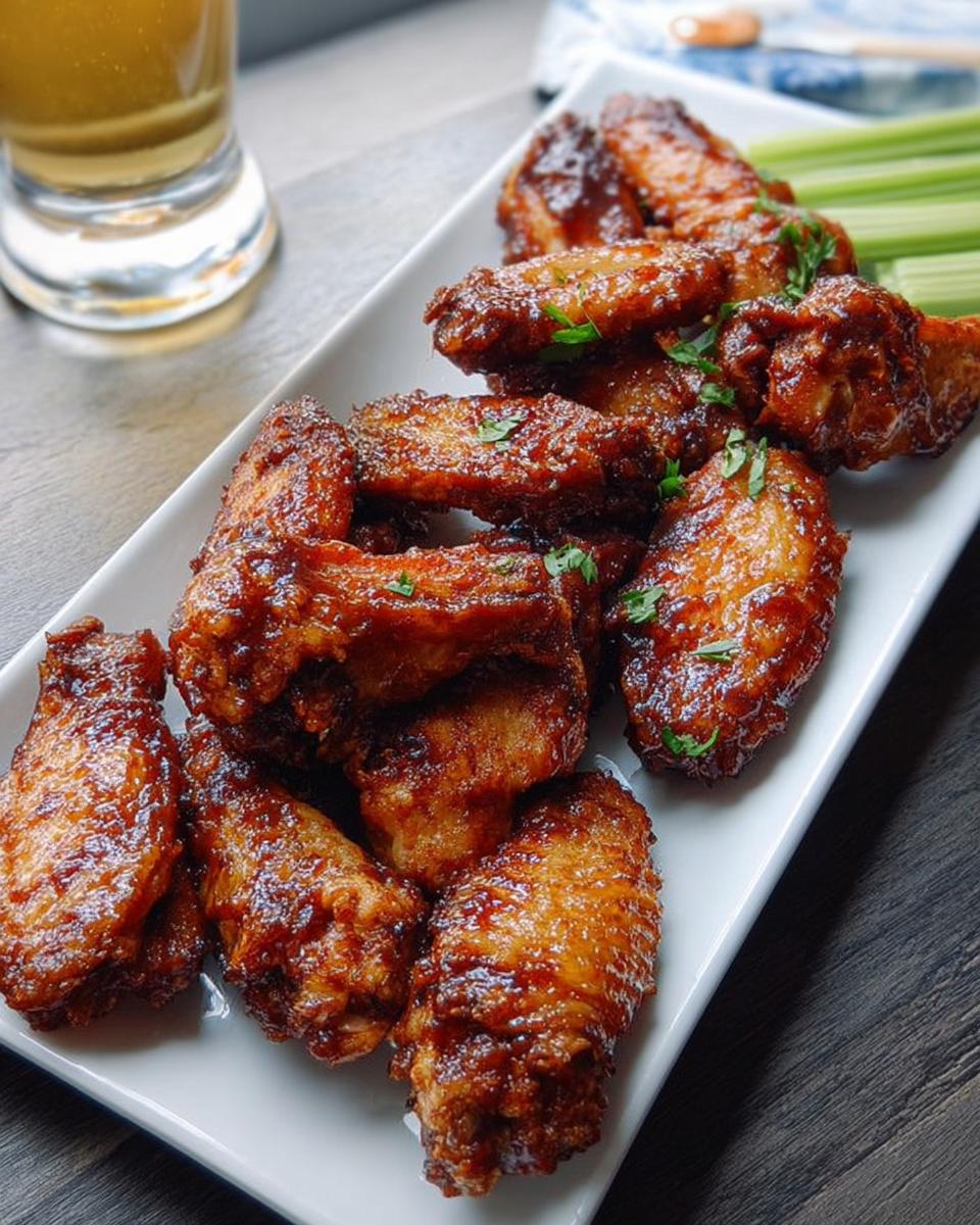 A platter of glossy, saucy chicken wings recipes served with celery sticks and a glass of beer.