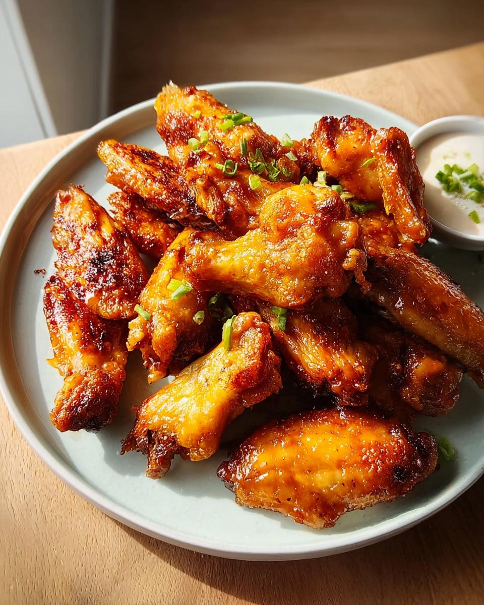 A plate piled high with glossy, glazed chicken wings, garnished with green onions, served with a side of dipping sauce.