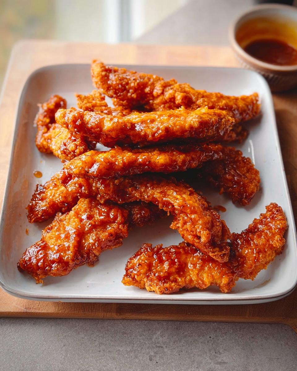 Plate of crispy, glazed chicken tenders, perfect for Restaurant-Style Chicken Recipes at Home.