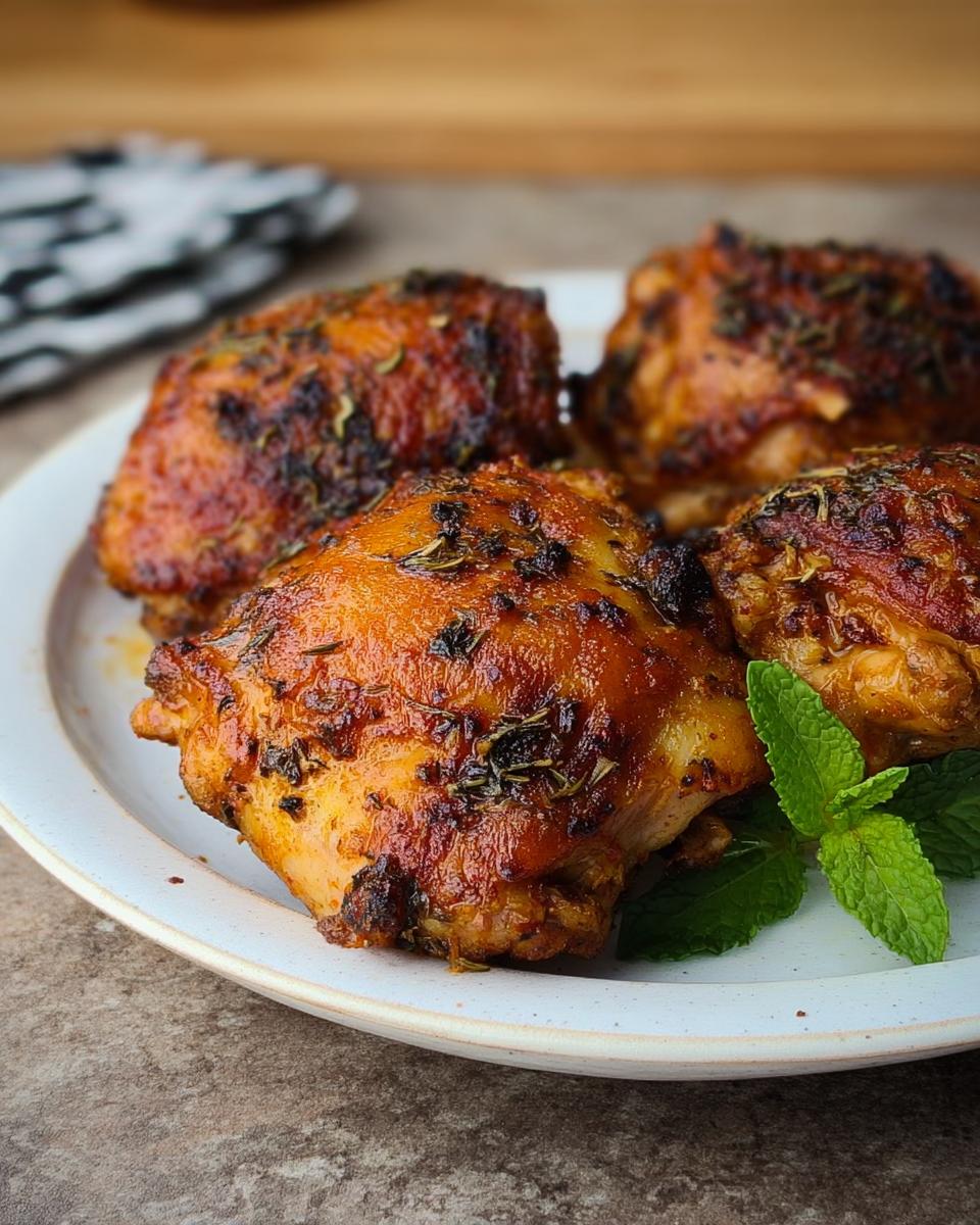 Four perfectly cooked, glazed chicken thighs seasoned with herbs, served on a white plate with fresh mint garnish.