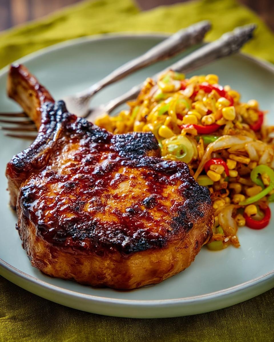 A thick, glazed pork chop served next to a colorful corn and pepper side dish, illustrating how to make pork chops recipes.
