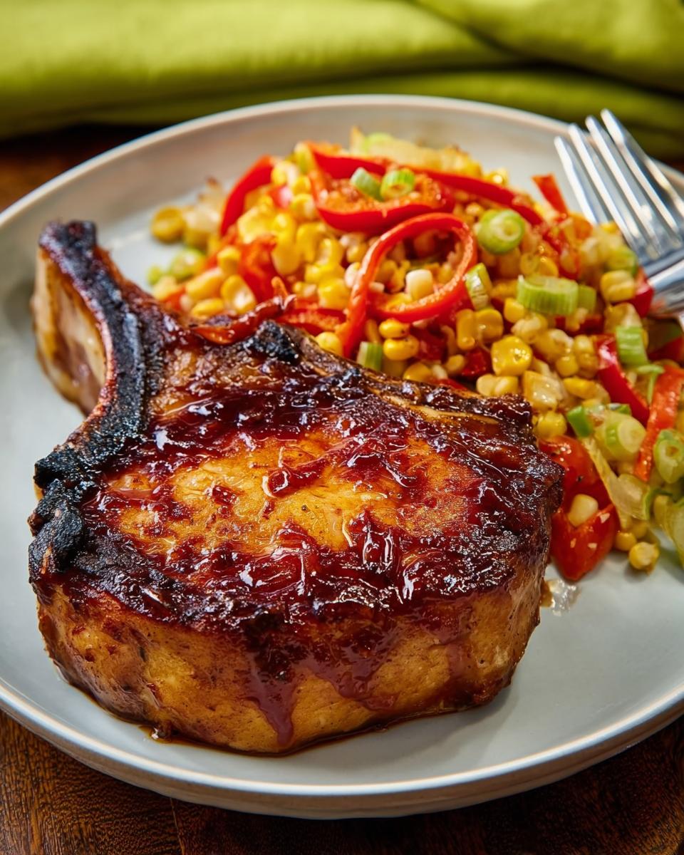 A thick, glazed pork chop served with a side of corn, red peppers, and green onions.