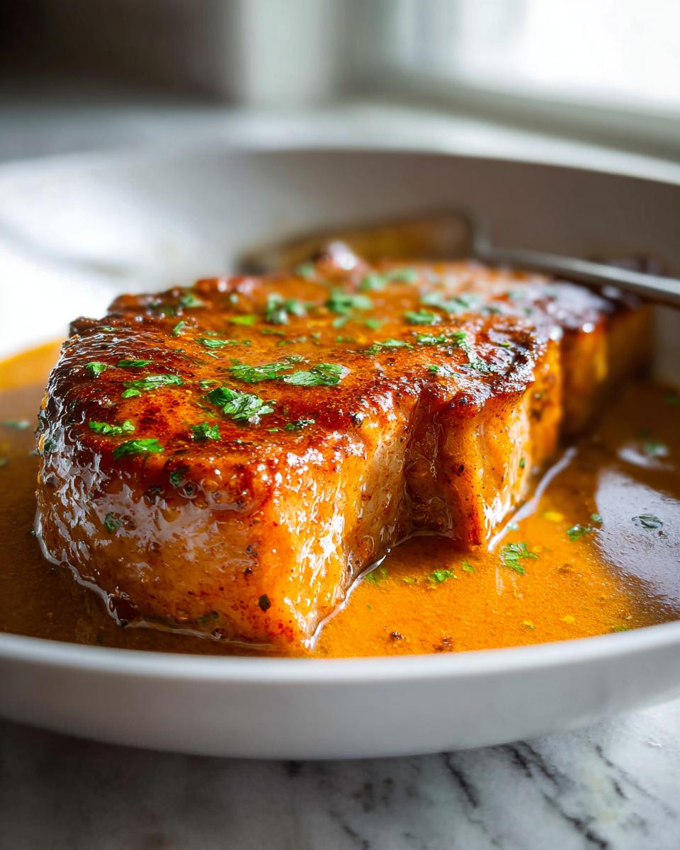 Close-up of a thick, glazed pork chop served in a rich, orange-colored sauce, garnished with parsley.