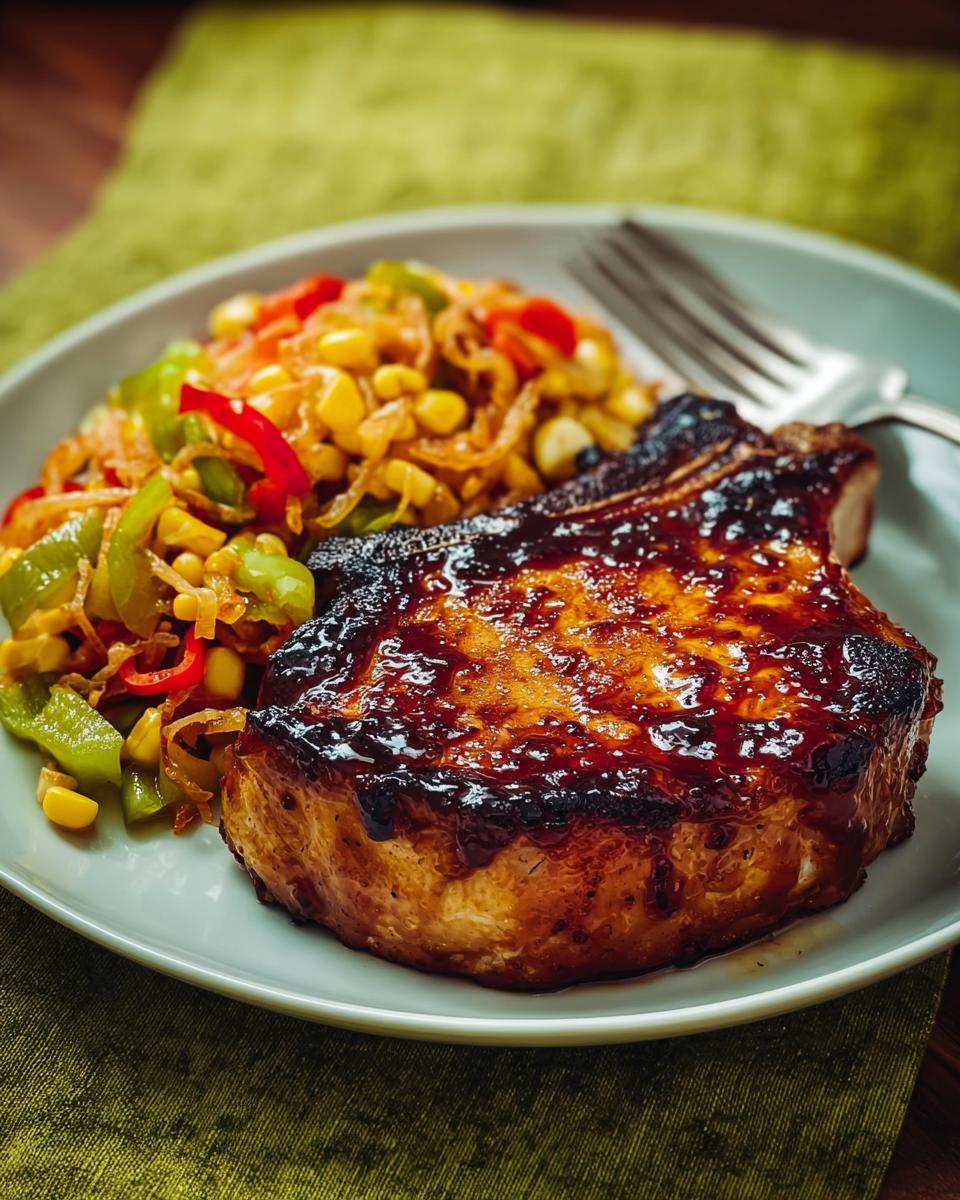 A thick, glazed pork chop served with a side of corn and peppers, illustrating how to make pork chops recipes like a pro.