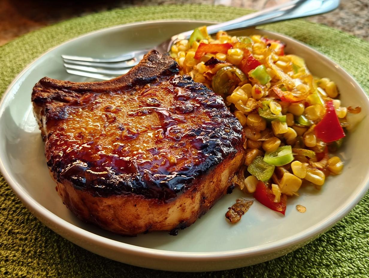 A thick, juicy, glazed pork chop served next to a colorful mix of sautéed corn and peppers, illustrating how to make pork chops recipes.