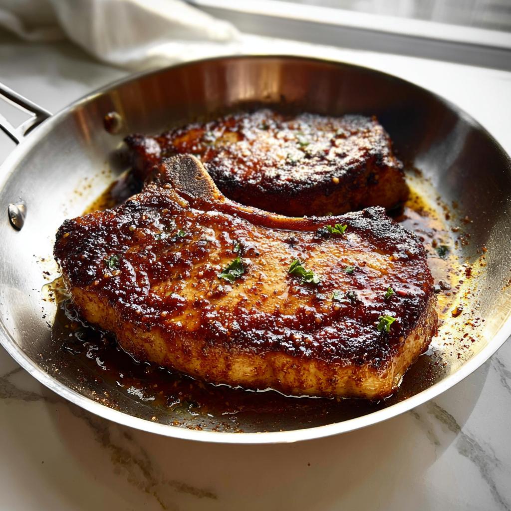 Two thick, glazed bone-in pork chops resting in a stainless steel skillet with pan sauce, perfect for Pork Chops Recipes Meal Prep.