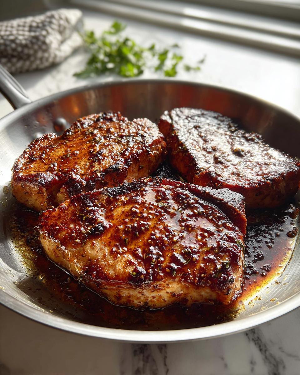 Three thick, glazed pork chops searing in a stainless steel pan, perfect for Pork Chops Recipes Meal Prep.