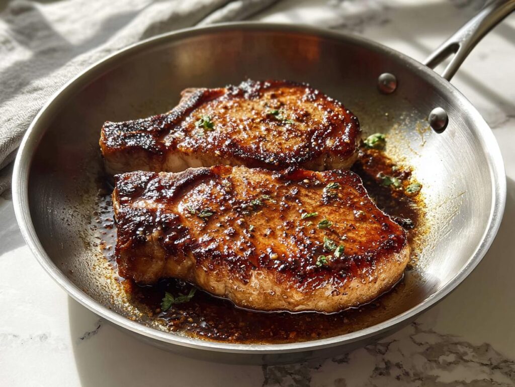 Two beautifully seared, glazed pork chops resting in a stainless steel skillet with pan juices, perfect for Pork Chops Recipes Meal Prep.