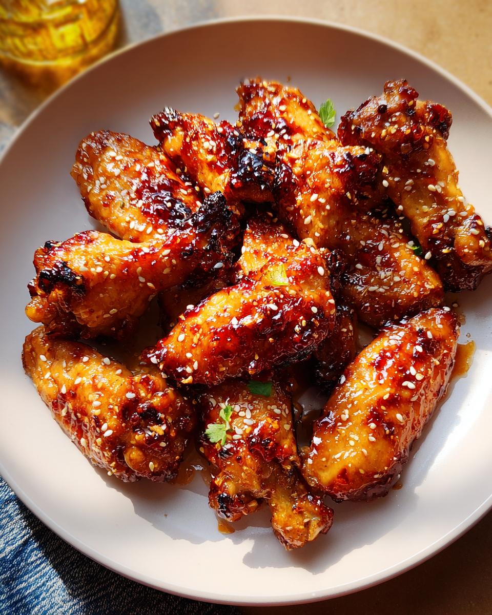 A plate of sticky, glazed chicken wings topped with sesame seeds, perfect for Chicken Wings Recipes Meal Prep.