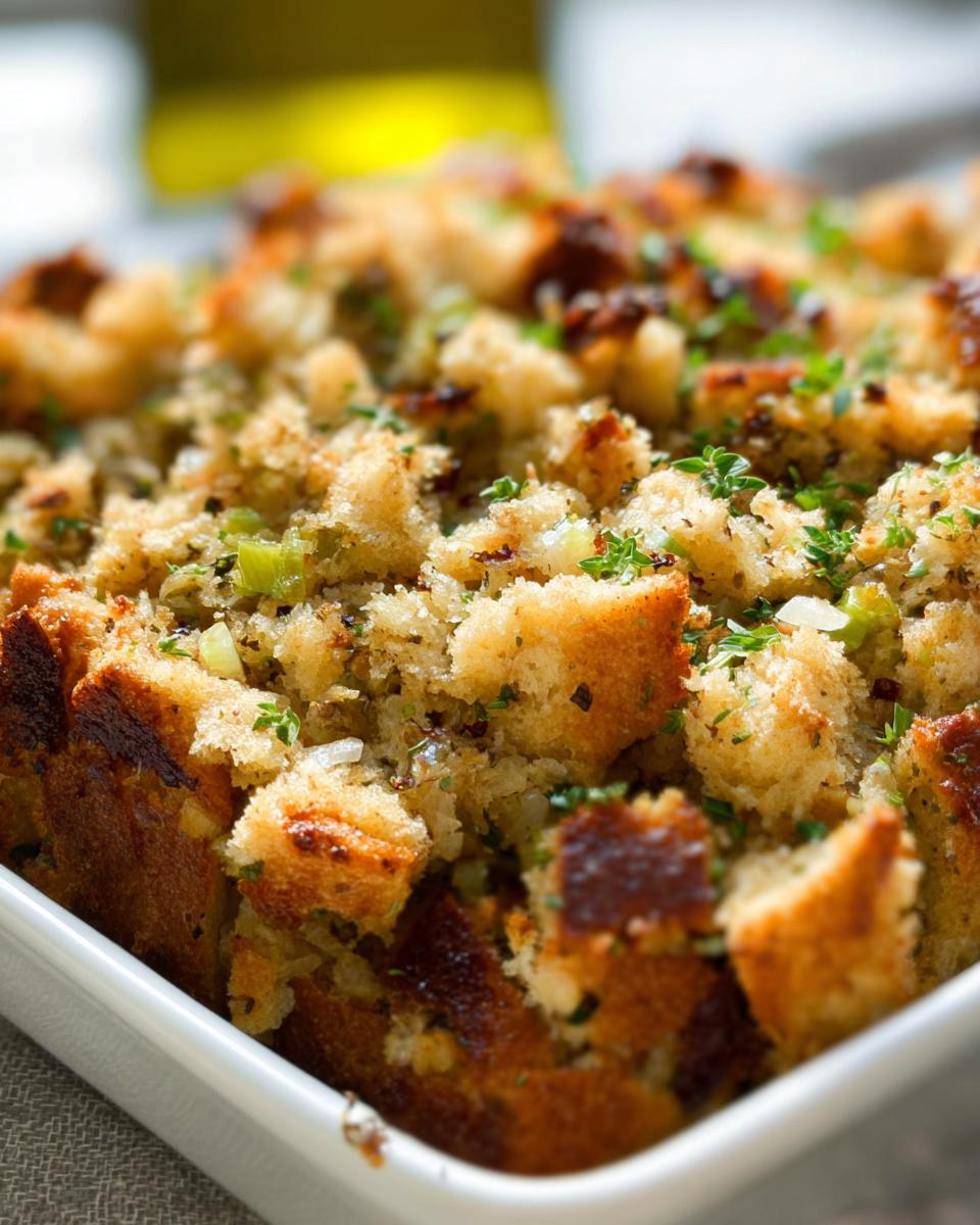 Close-up of golden-brown bread cubes in a white dish, part of a 7-Ingredient Stuffing Recipes (No Fuss) preparation.