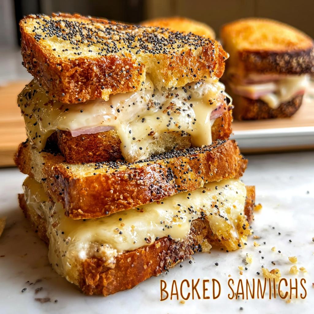 Stack of two halves of a gooey, cheesy baked sandwich recipe with poppy seed bread.
