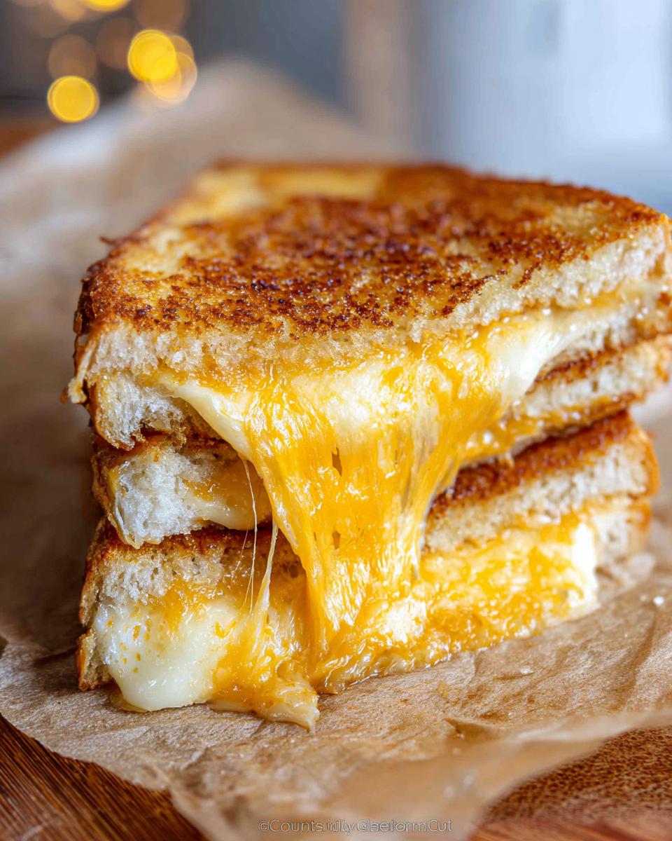 A stack of perfectly toasted bread revealing an extreme, gooey cheese pull from melted cheddar cheese in Grilled Cheese Recipes in 12 Minutes.