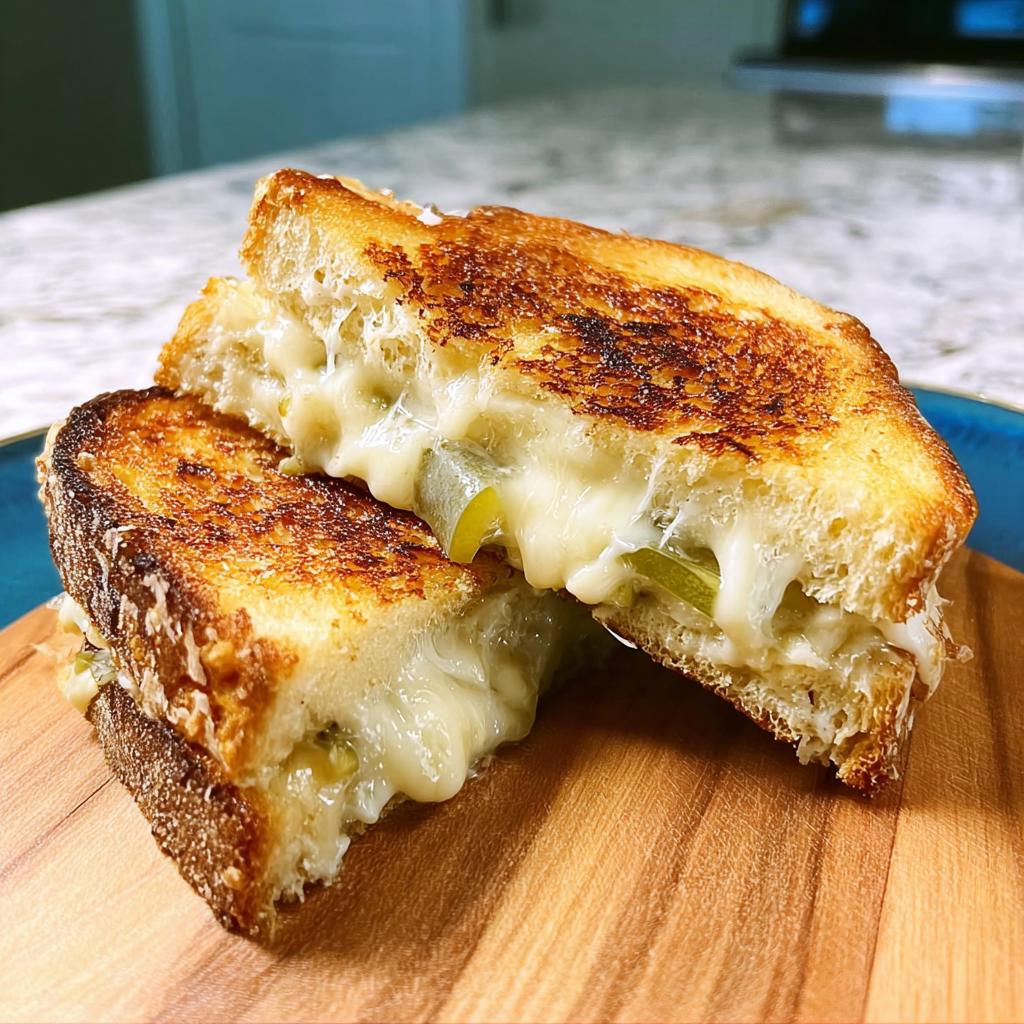 A halved grilled cheese sandwich oozing melted cheese and pickle slices, one of 20 Genius Grilled Cheese Recipes Ideas.