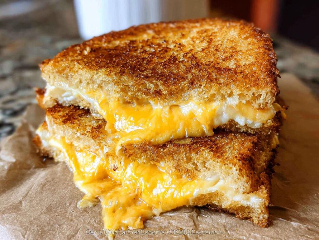 Close-up of a perfectly golden brown grilled cheese sandwich cut in half, showing melted cheddar cheese oozing out.