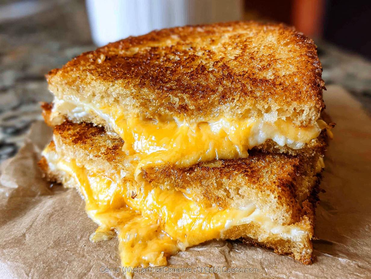 Close-up of a perfectly golden brown grilled cheese sandwich cut in half, showing melted cheddar cheese oozing out.