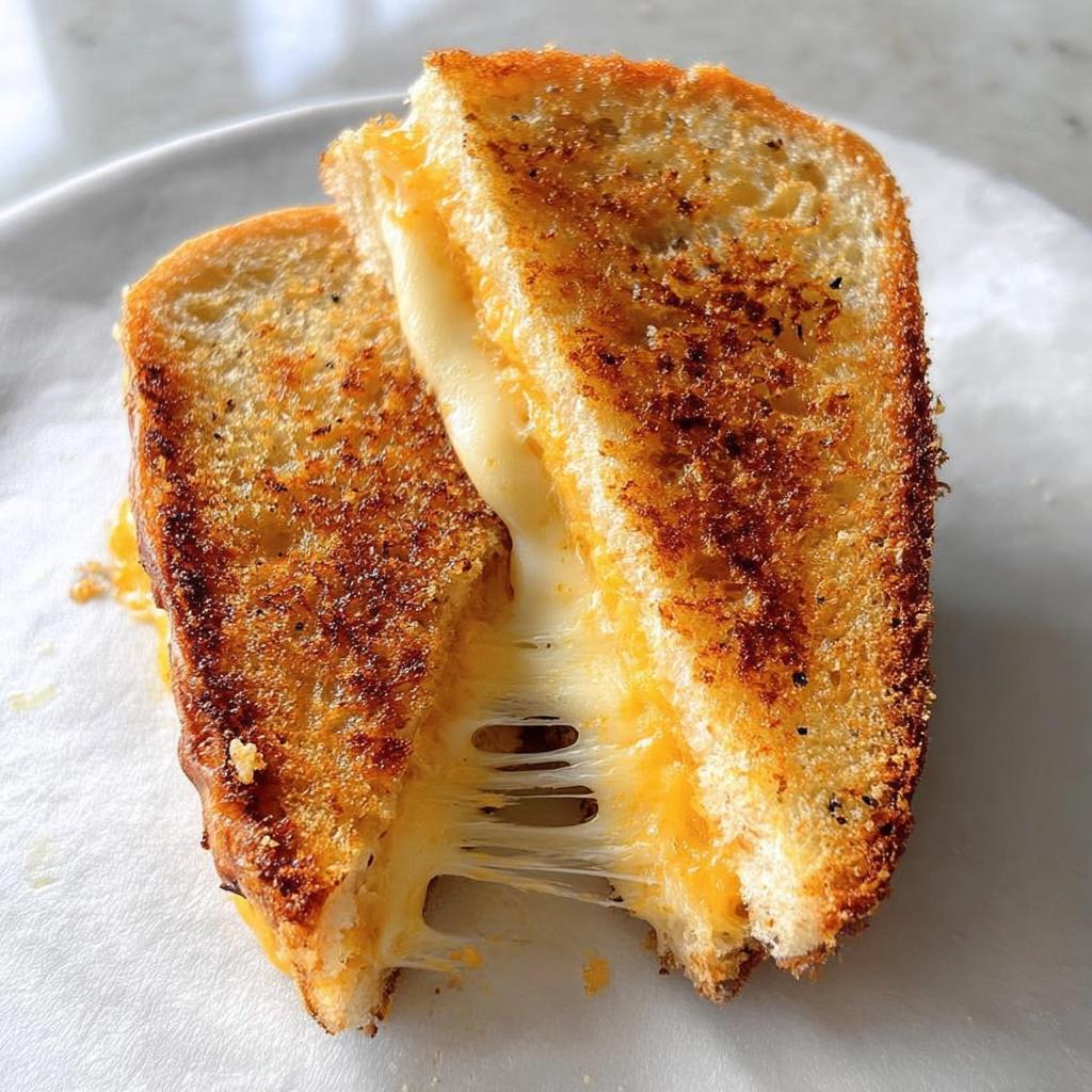 A perfectly golden brown grilled cheese sandwich cut in half, showing a dramatic cheese pull, central to grilled cheese recipes.