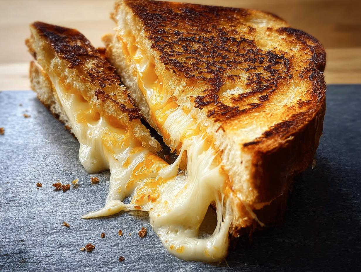 A perfectly toasted Grilled Cheese sandwich cut in half, showing an extreme cheese pull of melted white and orange cheese.
