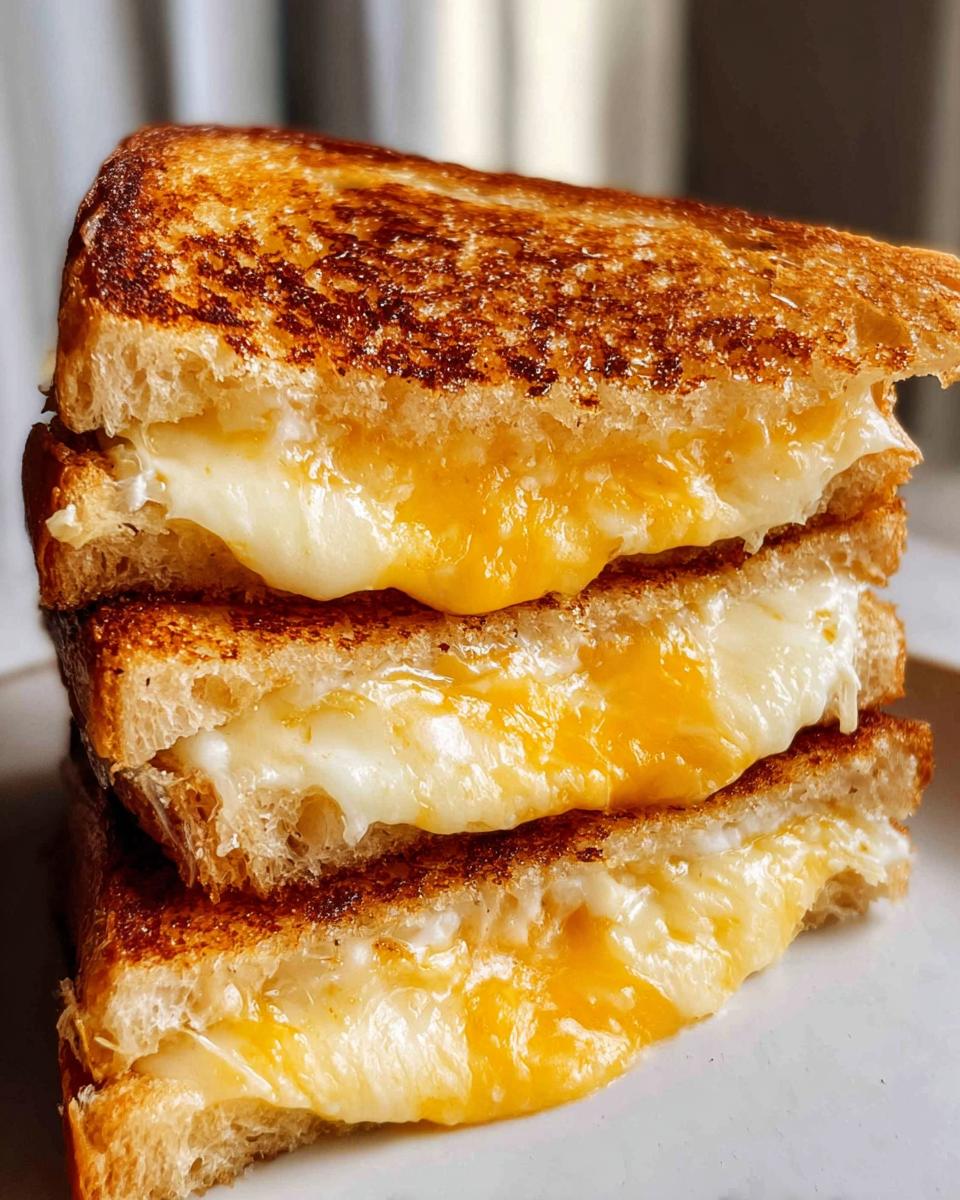 A stack of three halves of a perfectly grilled cheese recipe, showing gooey, melted orange and white cheese oozing out.