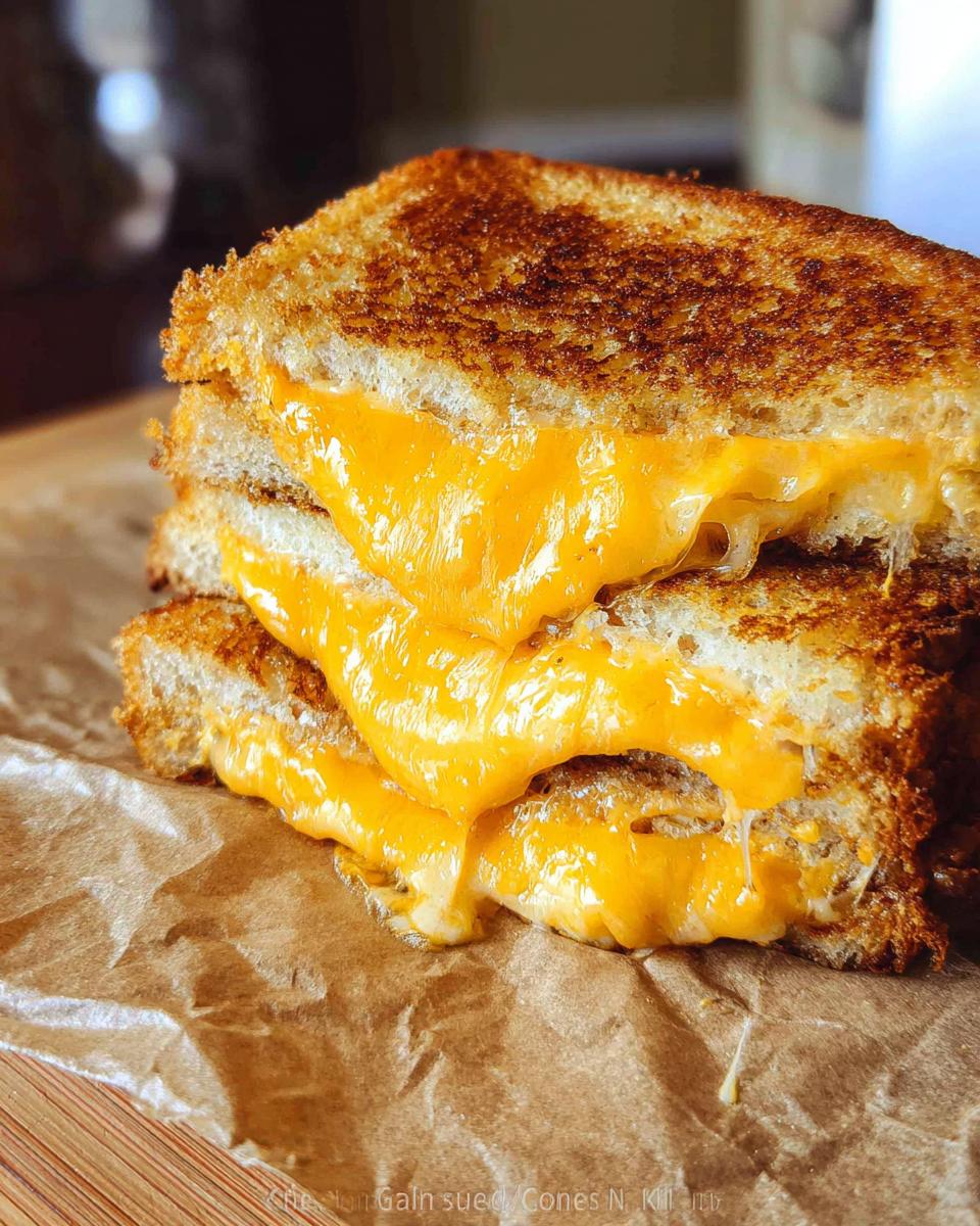 Close-up of a perfectly cooked grilled cheese sandwich cut in half, showing gooey, melted cheddar cheese.