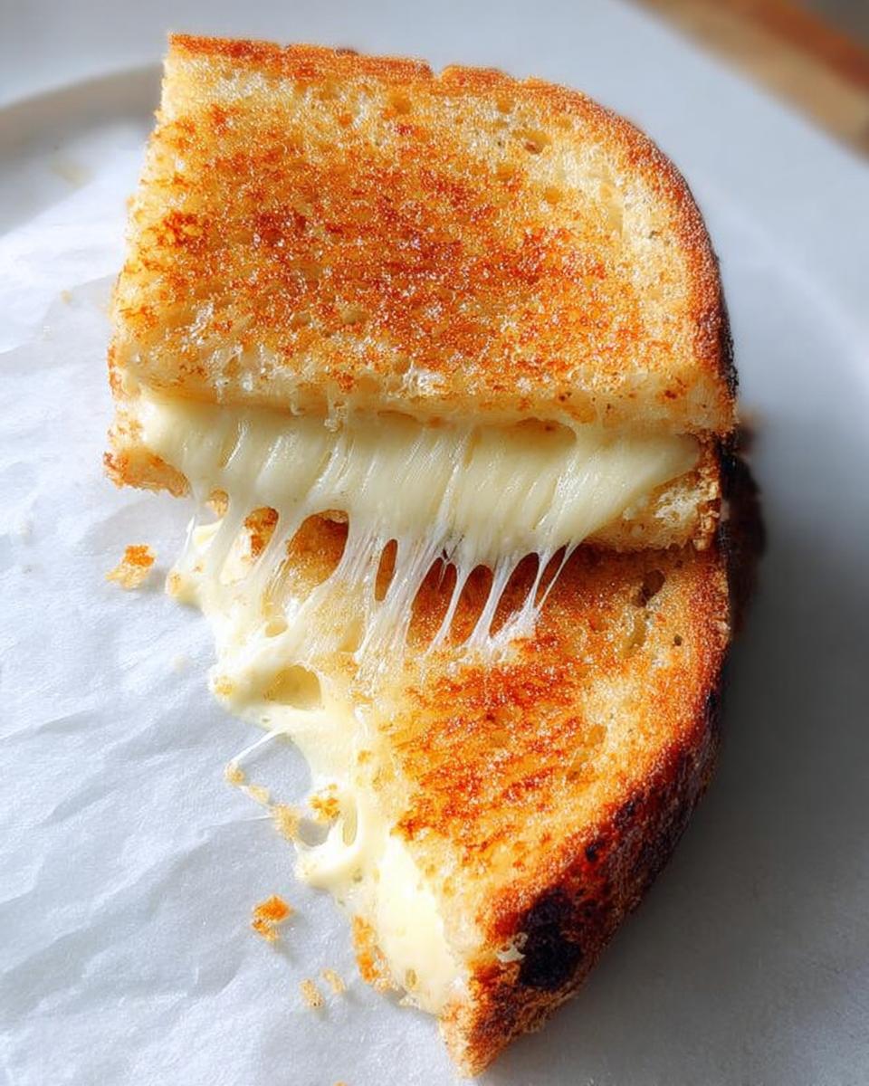 A perfectly golden grilled cheese sandwich cut in half showing a dramatic, gooey cheese pull.