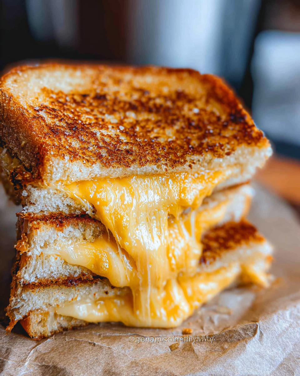 Close-up of a perfectly toasted sandwich cut in half, showcasing extreme, gooey cheese pull from the Grilled Cheese Recipes in 12 Minutes.
