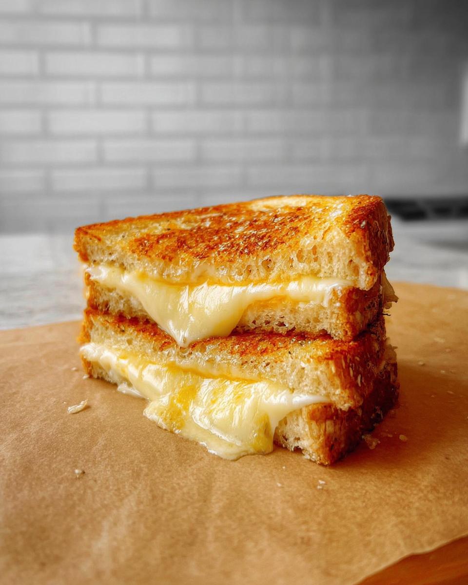 A close-up of a perfectly grilled cheese sandwich cut in half, showing gooey, melted cheese oozing out.