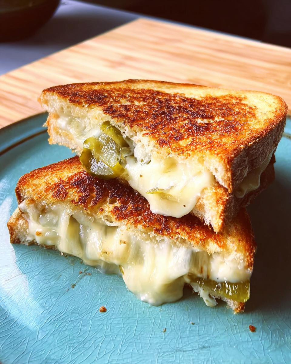 Two halves of a gooey grilled cheese sandwich stacked, featuring melted cheese and green jalapeño slices.