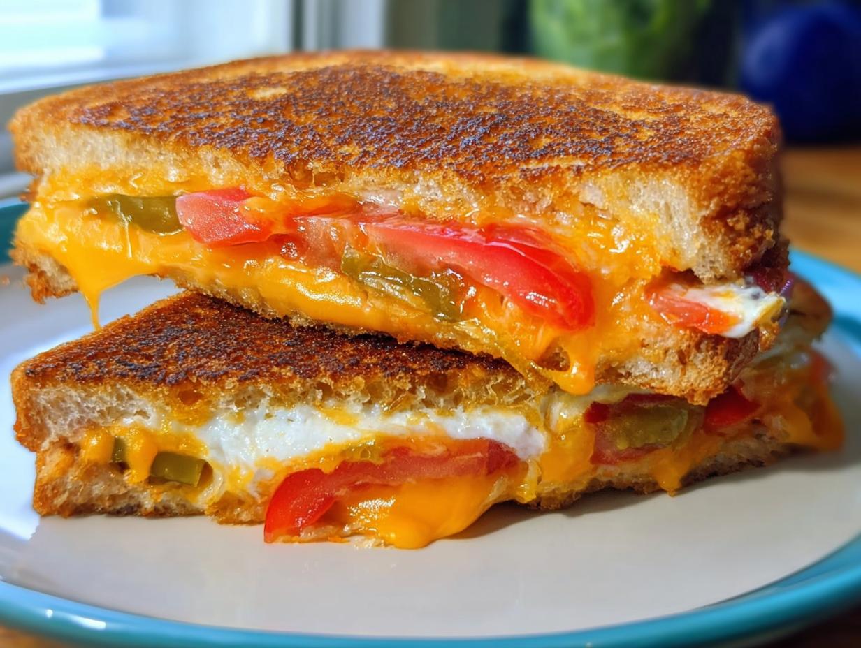 A stack of two halves of a grilled cheese sandwich overflowing with melted cheddar, tomato slices, and jalapeños, part of our 20-Ingredient Grilled Cheese Recipes.