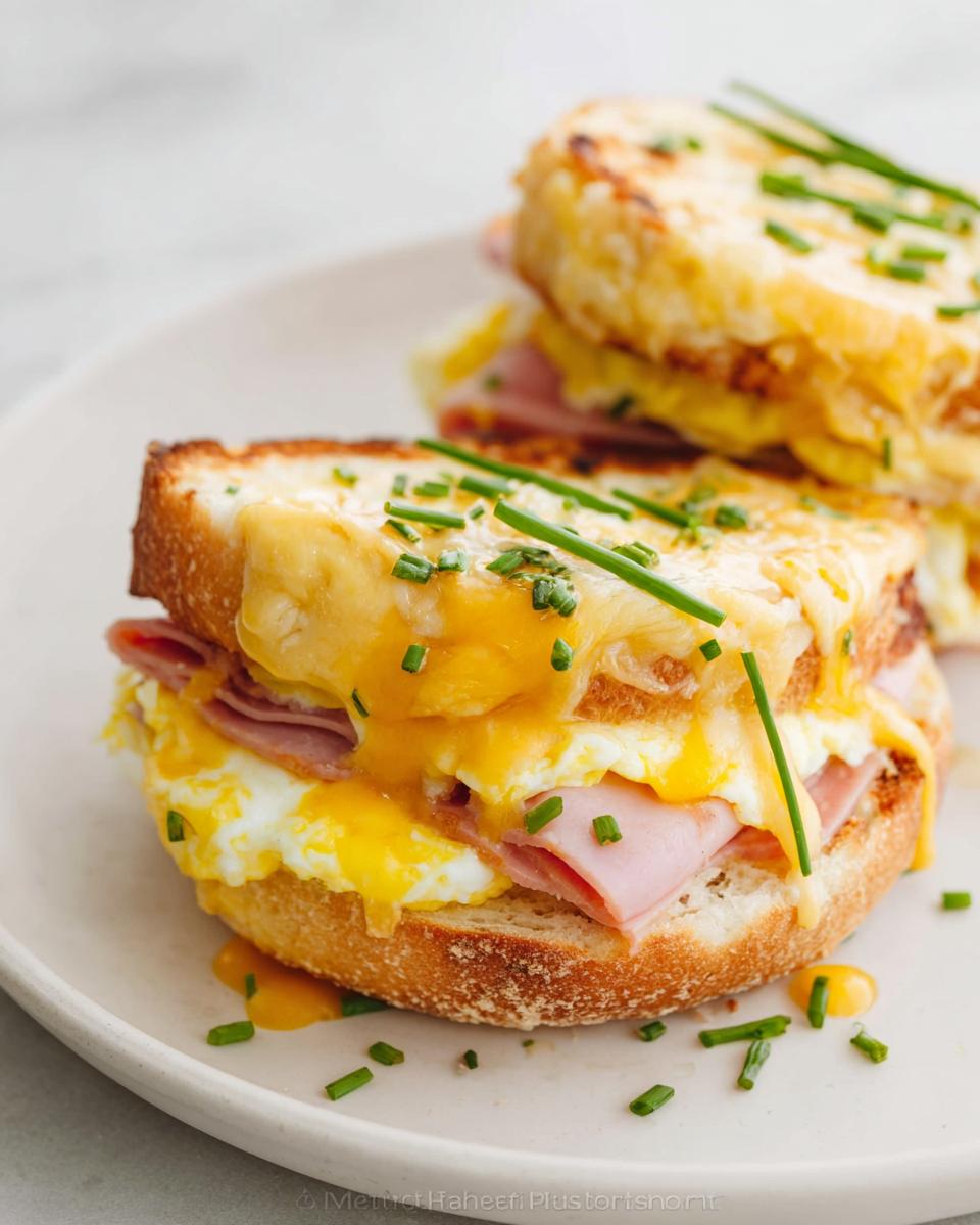 Close-up of a gourmet ham and egg sandwich recipe, topped with melted cheese and fresh chives.