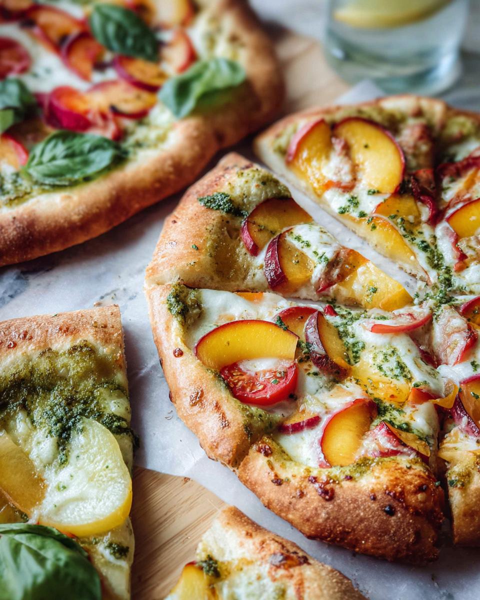 Close-up of gourmet peach and pesto pizza slices, perfect for How to Make Pizza Night Recipes Like a Pro.