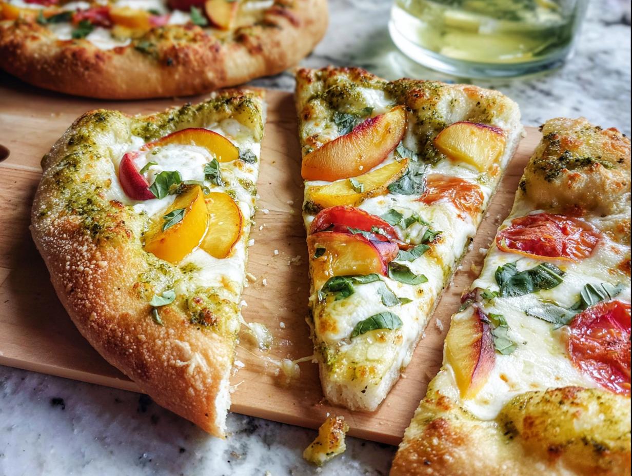 Slices of gourmet pizza topped with pesto, mozzarella, fresh basil, and sliced peaches, ready for Pizza Night Recipes.