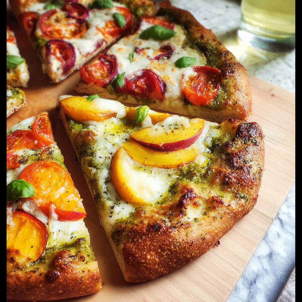 Close-up of gourmet pizza slices, including one with peaches and pesto, ready for Pizza Night Recipes.