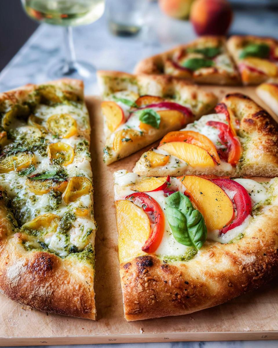 Close-up of gourmet pizza slices with peaches, mozzarella, pesto, and basil, perfect for How to Make Pizza Night Recipes Like a Pro.