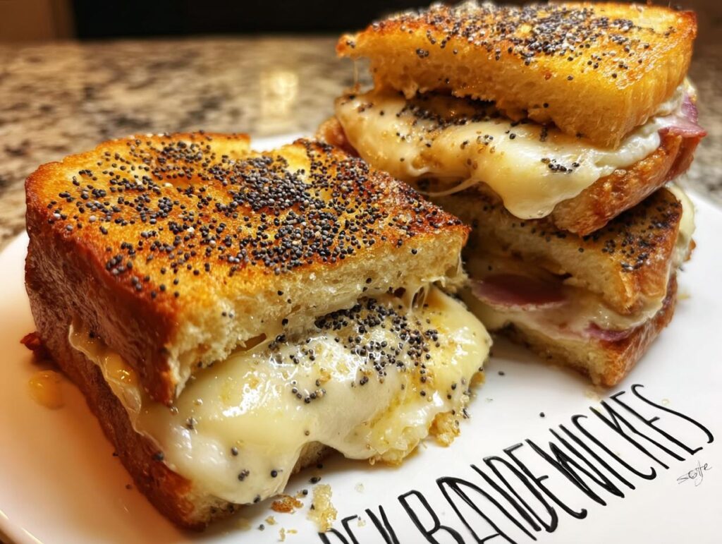 Close-up of two halves of a gourmet grilled cheese sandwich with melted cheese and poppy seeds.