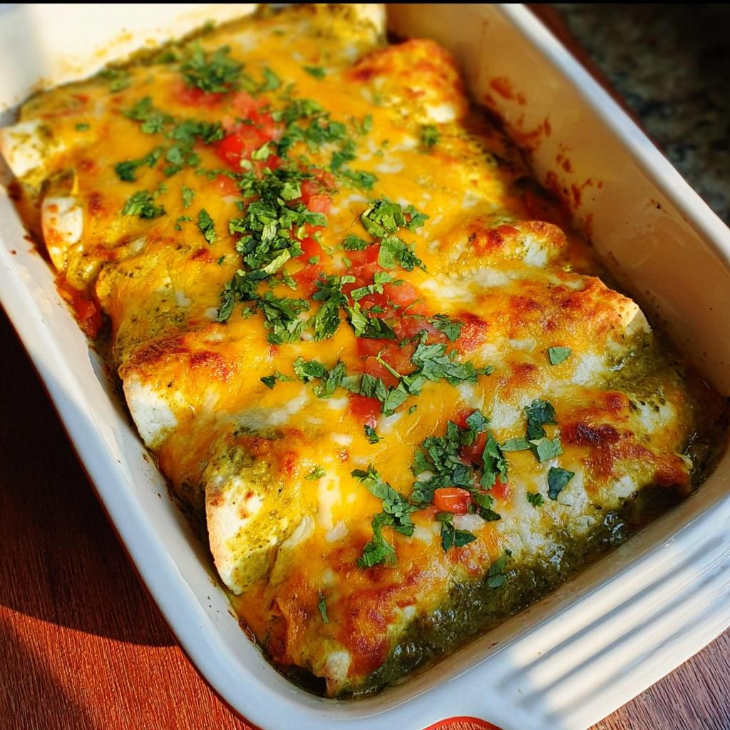 Baked chicken enchiladas covered in green sauce and melted cheese, topped with cilantro for one of the best Chicken Recipes Meal Prep.