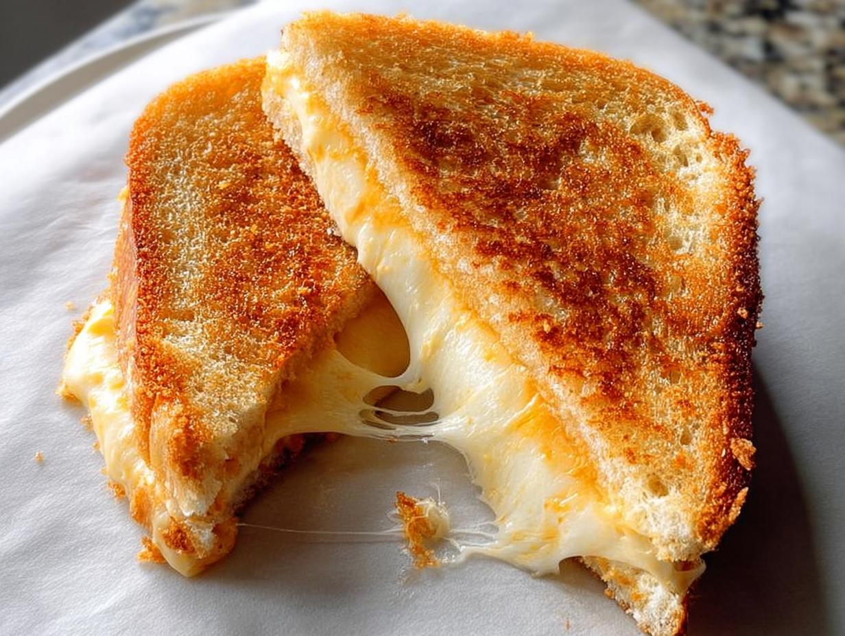 Close-up of a perfectly golden brown grilled cheese recipe, cut in half, showing a dramatic, gooey cheese pull.