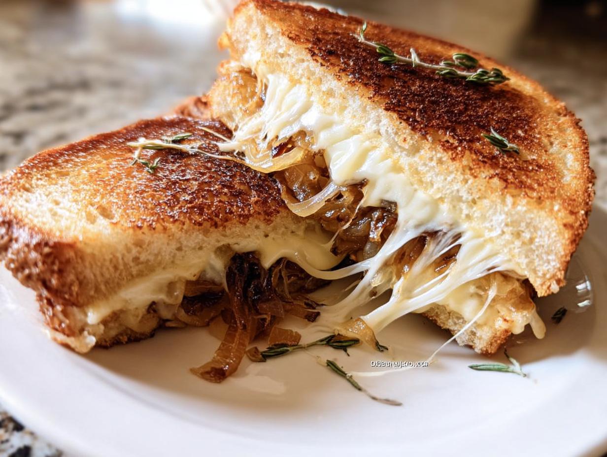 A perfectly grilled cheese recipe featuring melted, stringy cheese and caramelized onions, garnished with thyme.