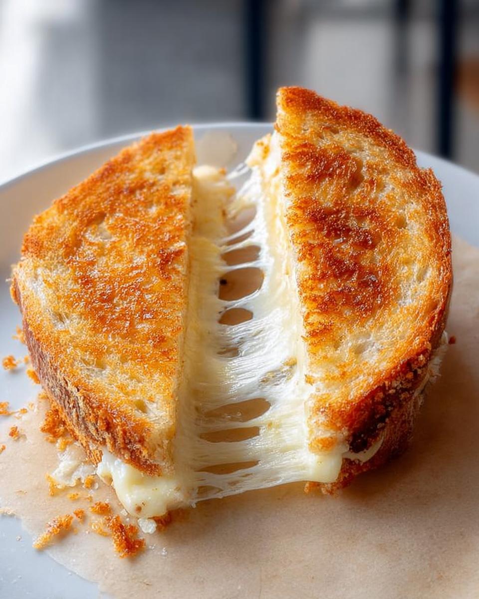 A grilled cheese sandwich cut in half showing an extreme, satisfying cheese pull, central to grilled cheese recipes.