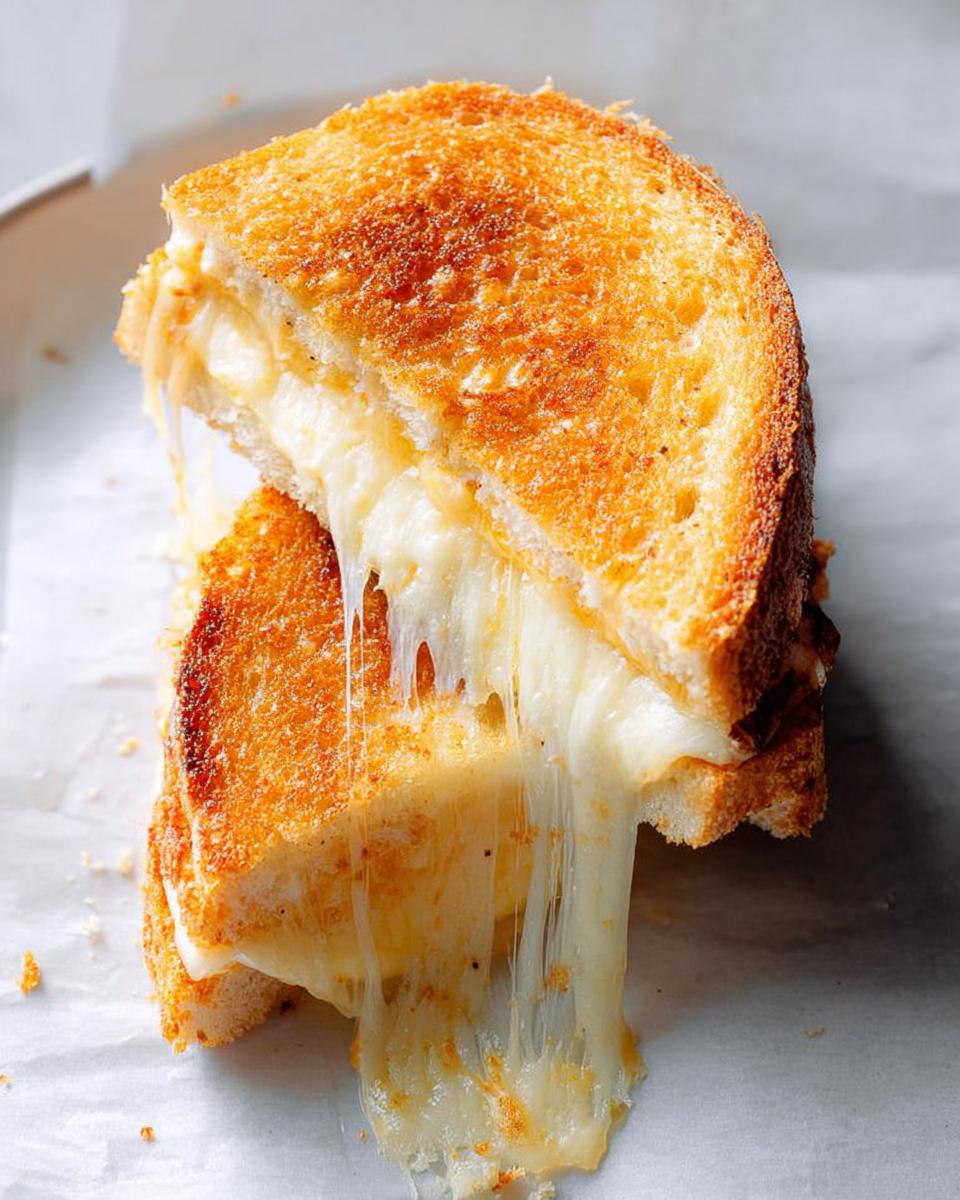 Close-up of a perfectly golden grilled cheese sandwich cut in half, showing extreme cheese pull.