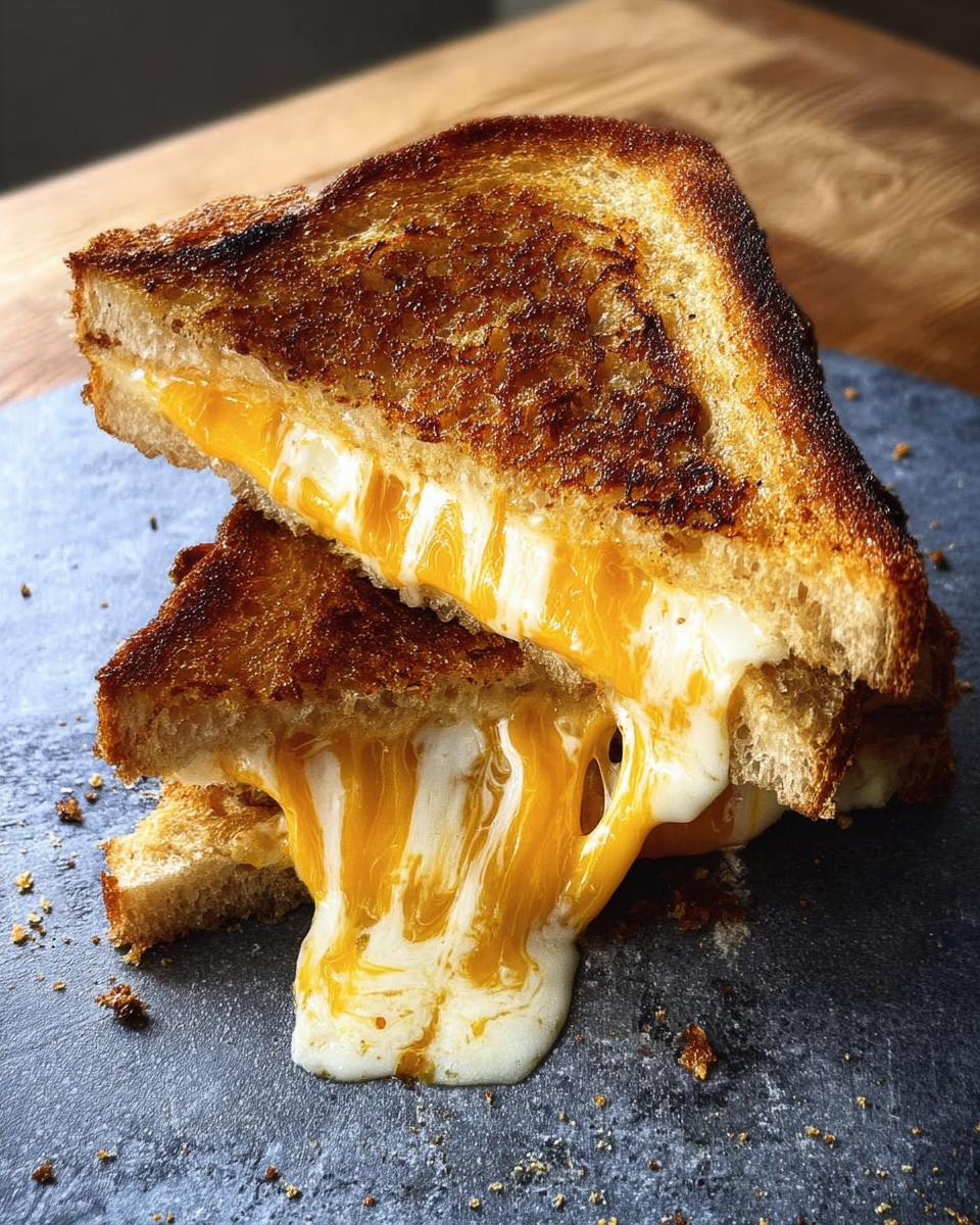 Two halves of a perfectly golden brown Grilled Cheese Recipes sandwich stacked, showing extreme, gooey cheese pull.