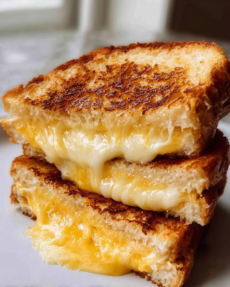 A stack of two halves of a perfectly cooked Grilled Cheese Recipe, showing gooey, melted cheese oozing out.