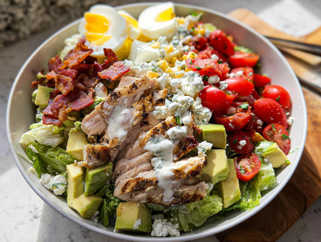 A hearty Cobb salad featuring grilled chicken, bacon, avocado, blue cheese, and tomatoes, perfect for 10-Ingredient Chicken Recipes.