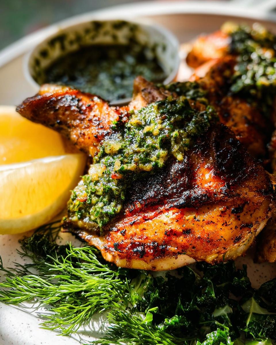 Close-up of a perfectly grilled chicken thigh topped with bright green chimichurri sauce, served with lemon and fresh dill.