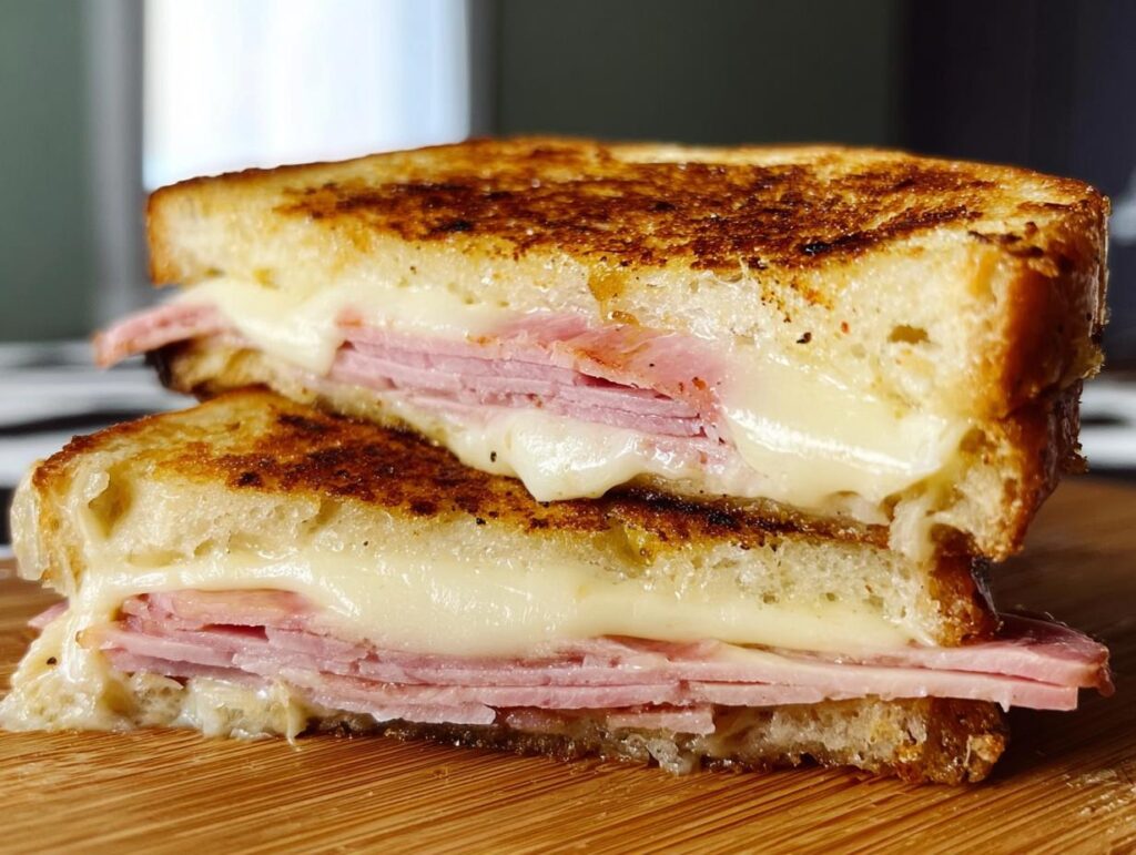Close-up of a perfectly grilled ham and cheese sandwich cut in half, showing melted cheese and layers of ham.