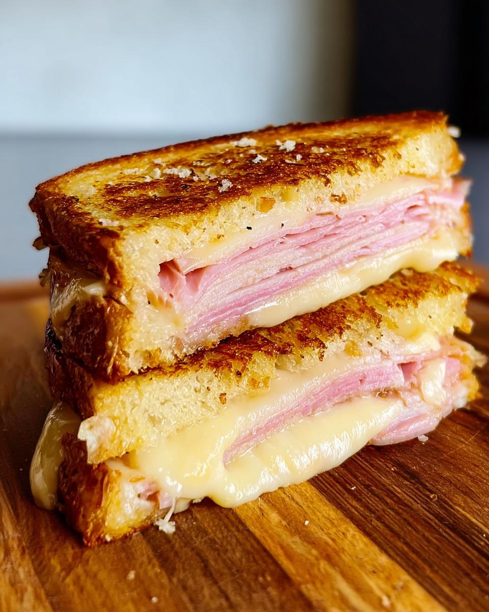 Close-up of a perfectly grilled ham and cheese sandwich, cut in half, showing melted cheese.